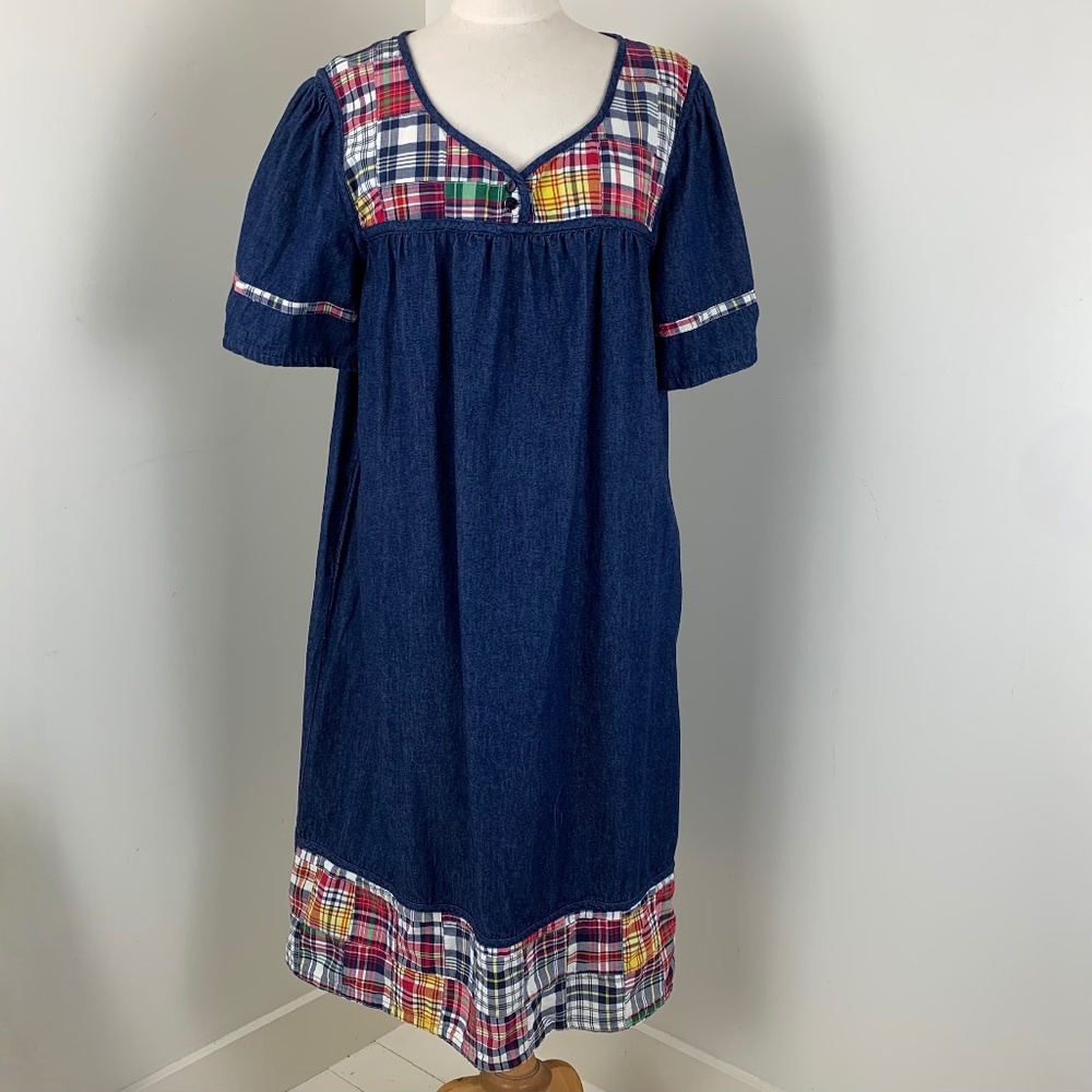 Phases Blue Denim House Dress L Comfortable Madras Patchwork Trim Pockets